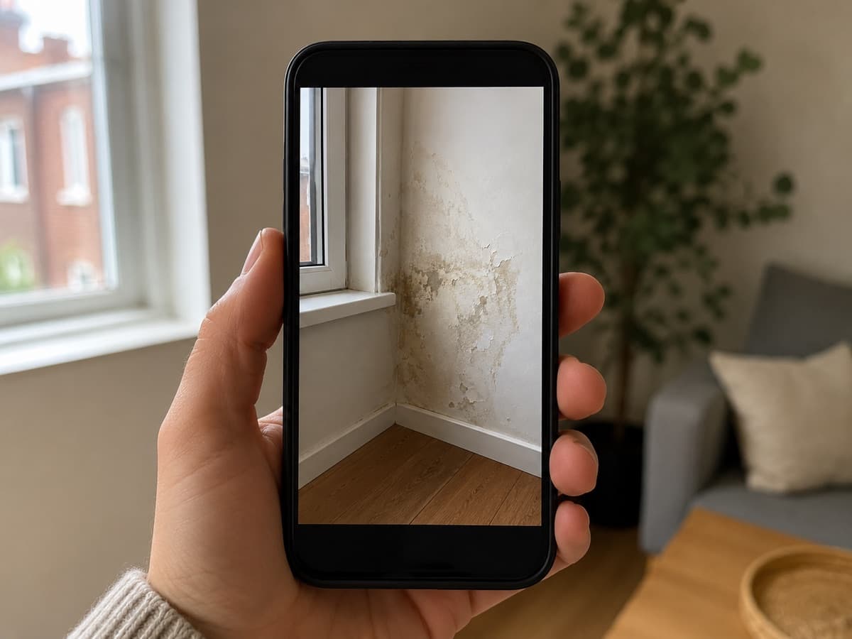 Eine Hand hält ein Smartphone, auf dessen Bildschirm die feuchte Wandecke eines Wohnzimmers zu sehen ist.