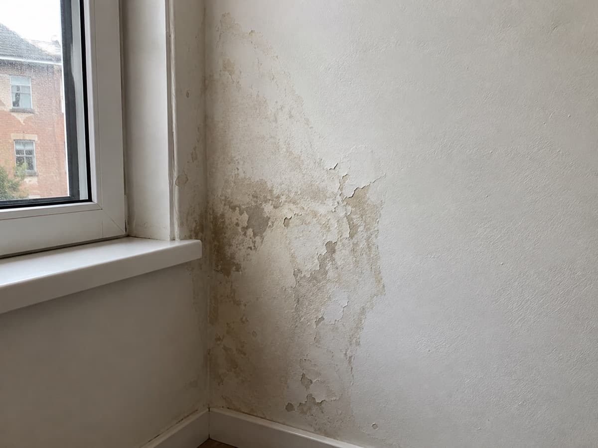 Nahaufnahme der betroffenen Wandecke mit deutlichen Feuchtigkeitsspuren.